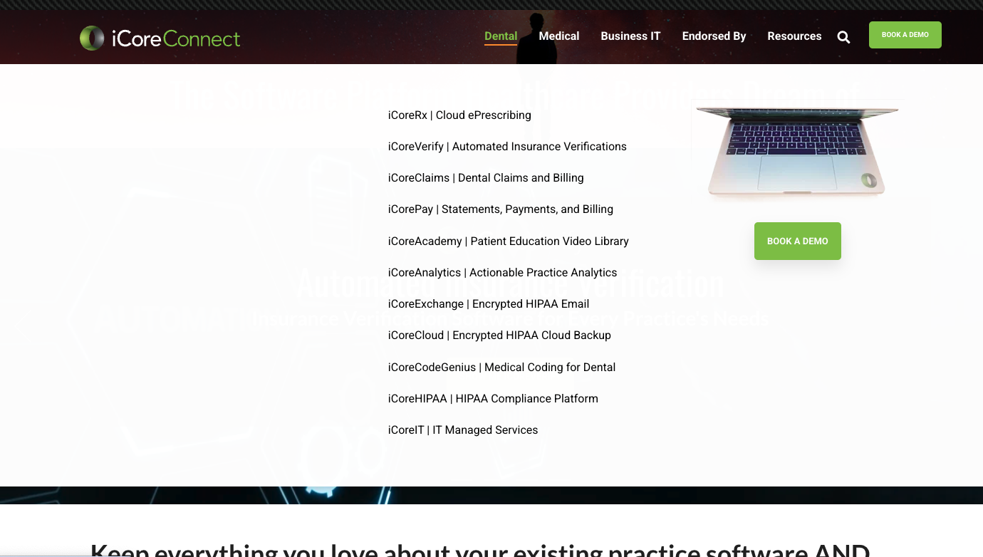iCoreConnect website navigation screenshot